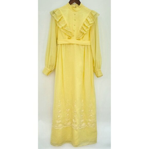 VTG 70's Handmade Gunne Sax Inspire Dot Embroid. Long Sleeve Prairie Dress Sz 6 - Picture 1 of 16